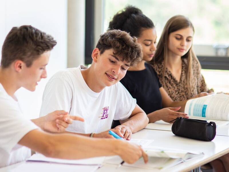 Vier junge Erwachsene sitzen an einem Tisch und lernen gemeinsam mit Büchern und Schreibmaterialien.