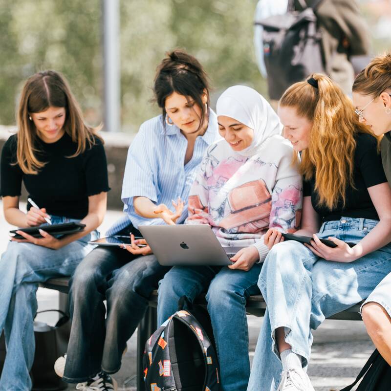 Eine Gruppe von fünf Personen sitzt im Freien auf einer Bank und schaut gemeinsam auf einen Laptop.